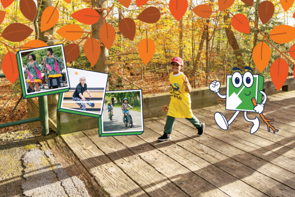 A boy walking along a wooden bridge trail with fall trees and leaves across the ground, with Mascot FUN right behind him. There are overlayed photos of people in various activities.