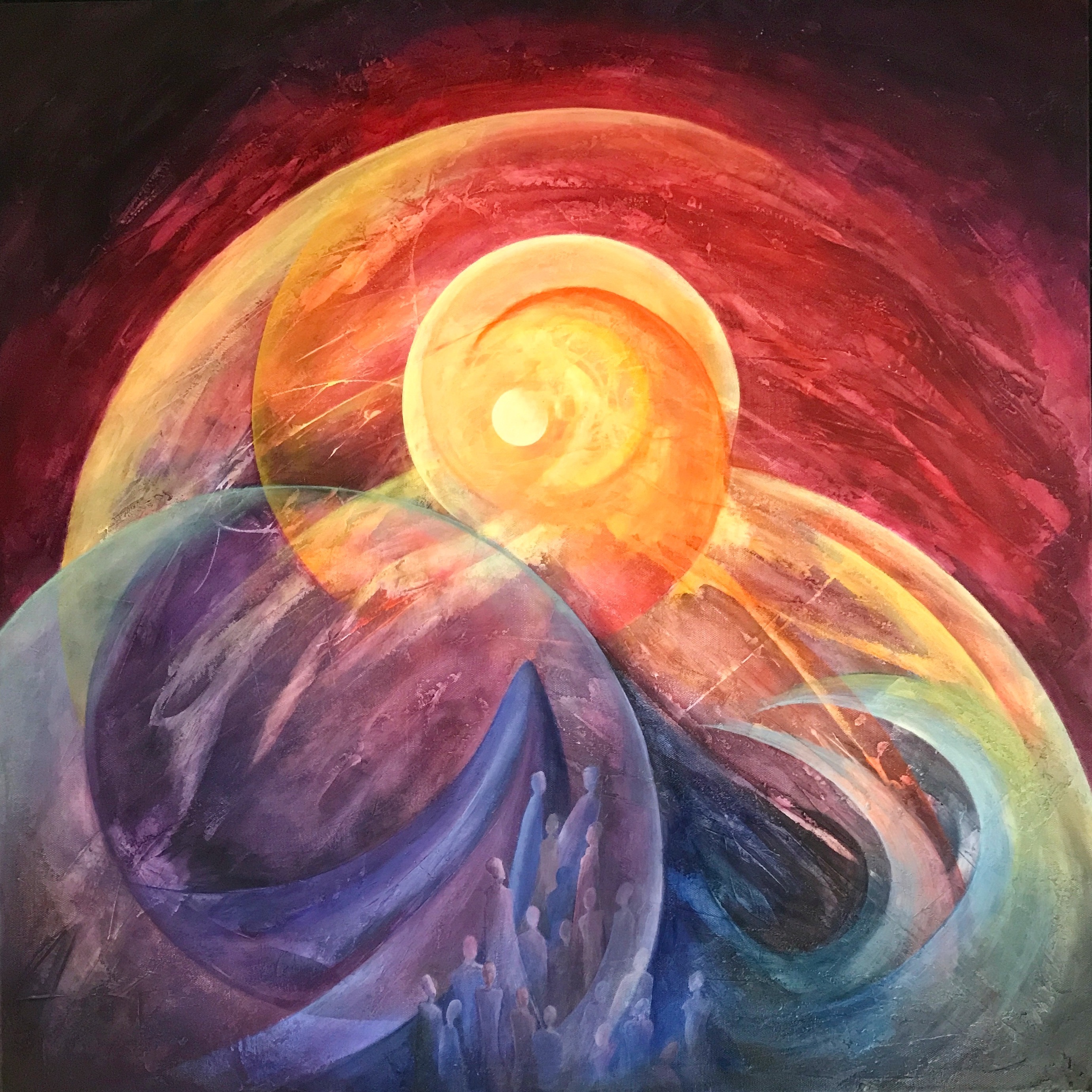 An abstract painting in rainbow colors with swooshing, circular forms. In the center is a yellow sun-like object; at the bottom is a cluster of small, human-like figures.