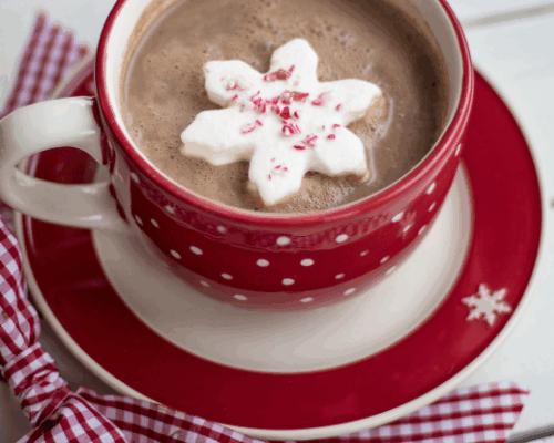 A red and white teacup filled with hot chocolate