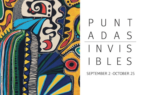 A graphic featuring the words PUNTADAS INVISIBLES on the right and an artwork on the left. The artwork is a colorful, abstract painting of a figure with a white face with striped and patterned clothing in black, blue, green, and red. Geometric shapes and red fish surround the figure, against a vivid orange background.