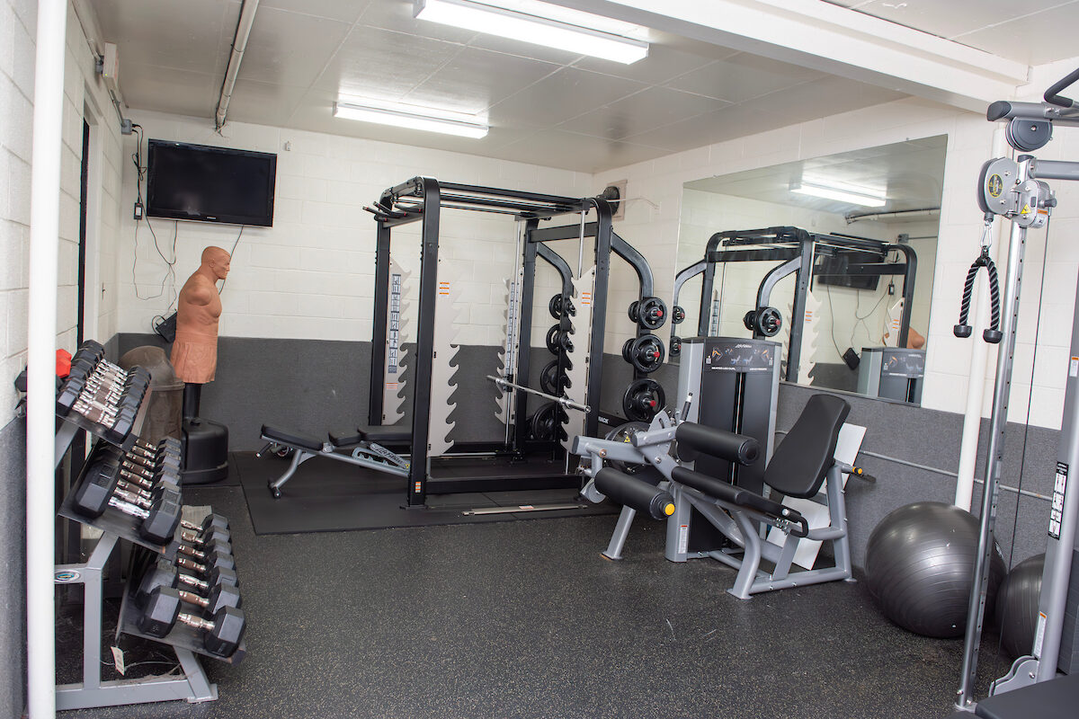 A fitness room with gray and white walls and multiple pieces of exercise equipment, including weight machines, a boxing dummy, free weights, and a leg lift machine.