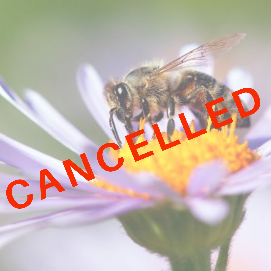 A graphic with the word cancelled across an image of a bee on a flower.