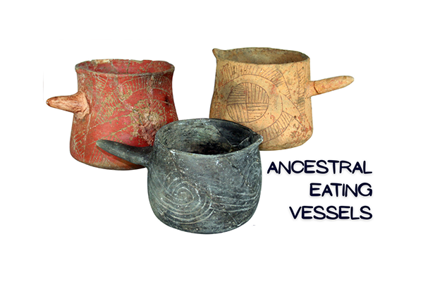 Ancestral Eating Vessels - Three hand-made clay bowls of varying colors. They have details and marks in them from their homemade nature.