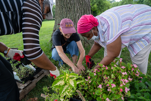three women tending to a garden