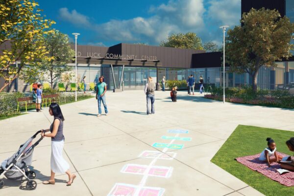 Architectural rendering of people on a concrete patio in front of a contemporary building with the words Good Luck Community Center over the entrance.