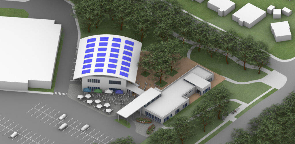 Architectural rendering of a community center consisting of two wings connected by a through-way. There is a parking lot and patio out front and trees in the back.