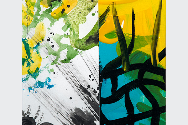 Abstract paintings in shades of gold, green, black, and teal.