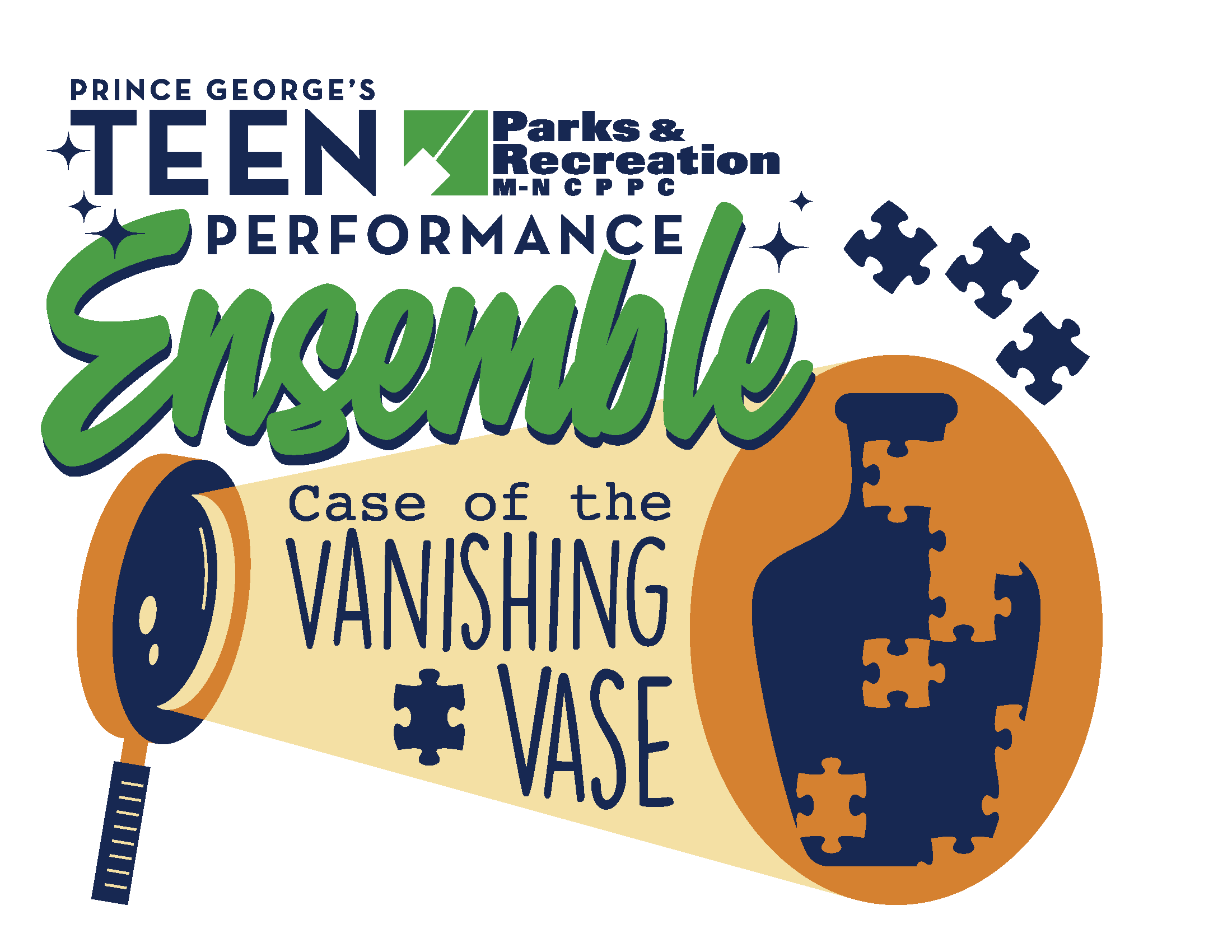 Graphic with the words "Teen Performance Ensemble - Case of the Vanishing Vase" next to a silhouette of a vase being assembled with puzzle pieces.
