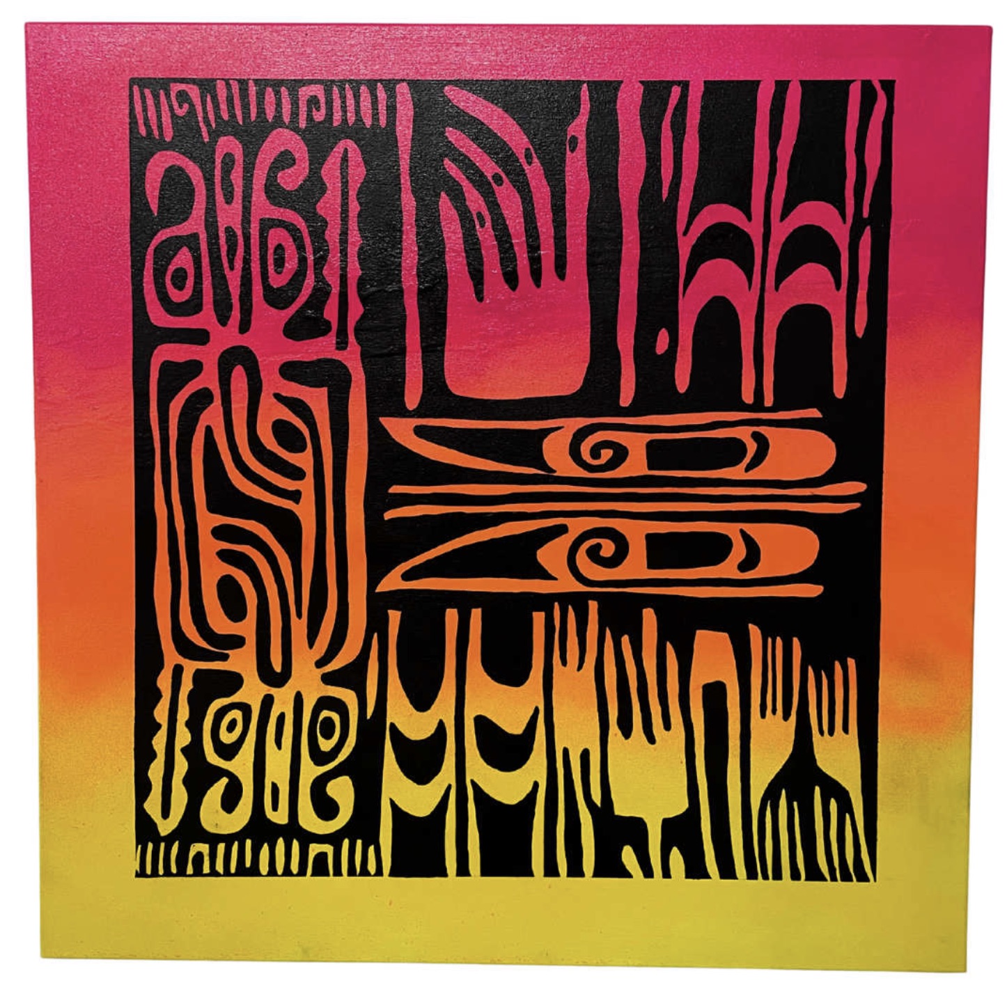 Abstract painting with black organic shapes and symbols over a pink, orange, and yellow gradient background.